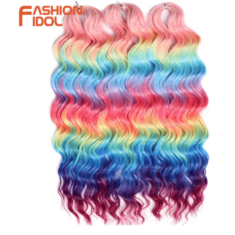 FASHION IDOL 24Inch Ombre Rainbow Water Wave Crochet Hair Synthetic Deep Wave Braiding Extensions 22