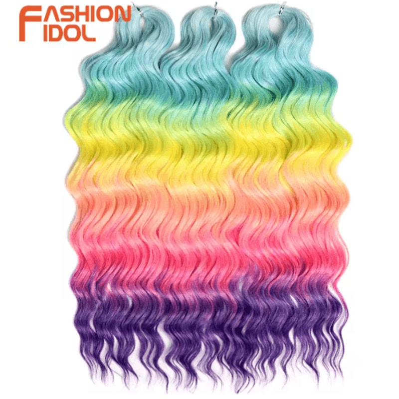FASHION IDOL 24Inch Ombre Rainbow Water Wave Crochet Hair Synthetic Deep Wave Braiding Extensions 24