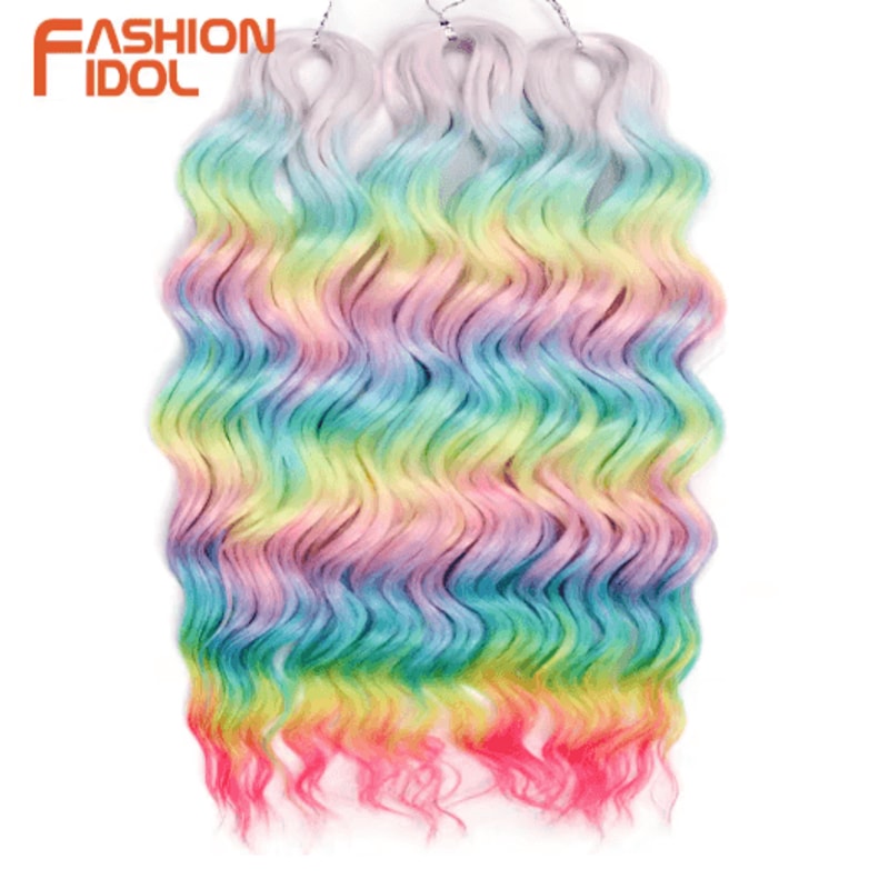 FASHION IDOL 24Inch Ombre Rainbow Water Wave Crochet Hair Synthetic Deep Wave Braiding Extensions 25