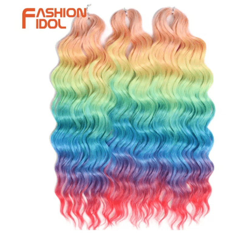FASHION IDOL 24Inch Ombre Rainbow Water Wave Crochet Hair Synthetic Deep Wave Braiding Extensions 26