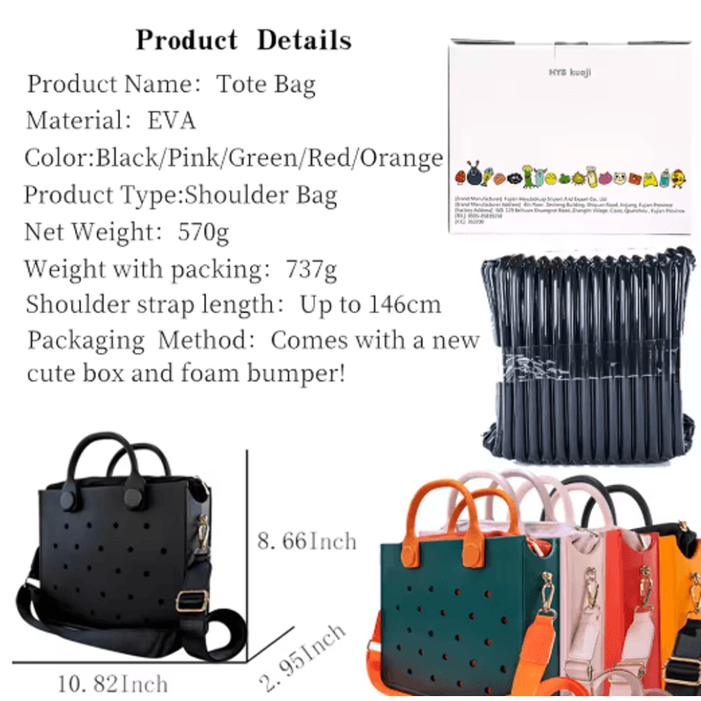 EVA Waterproof Tote Shoulder Bag For Women Large Casual Beach Handbag With Charm Holes 16
