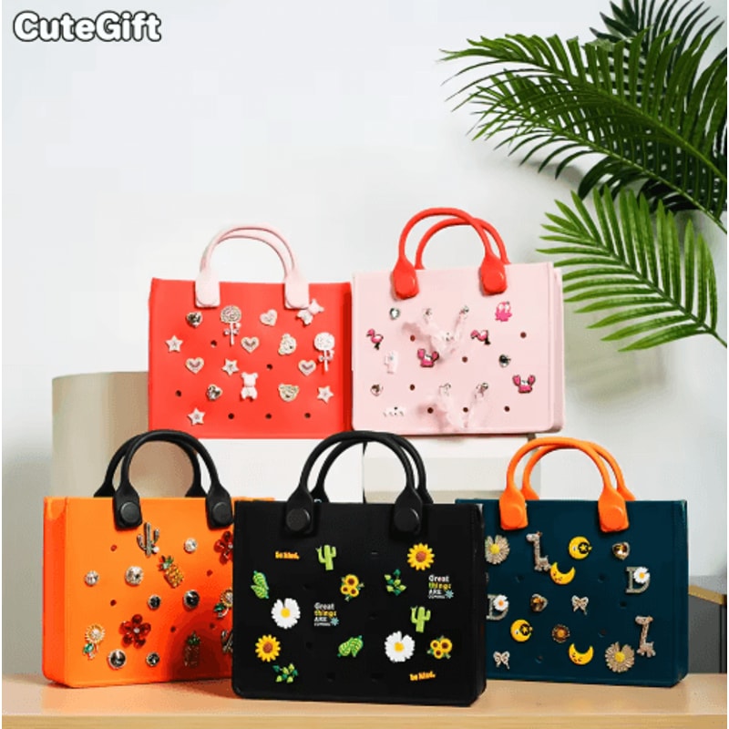 EVA Waterproof Tote Shoulder Bag For Women Large Casual Beach Handbag With Charm Holes 0