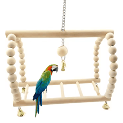 wooden parrot swing & climbing toy with bells – hanging ladder playstand hammock
