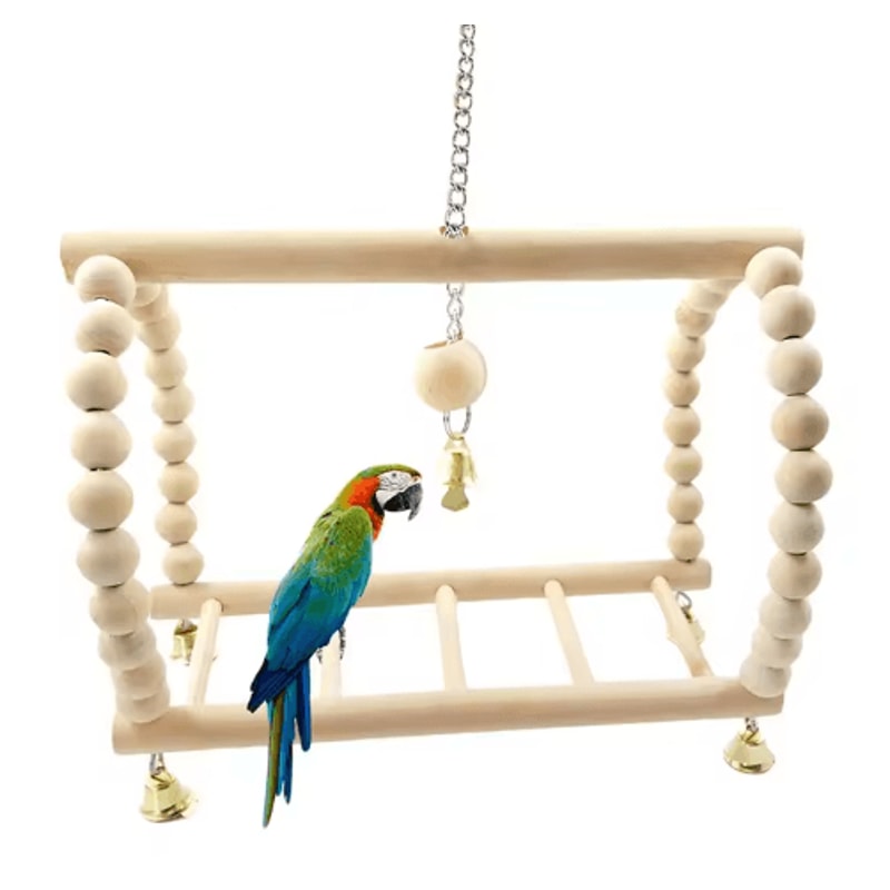 Wooden Parrot Swing Climbing Toy With Bells Hanging Ladder Playstand Hammock 0