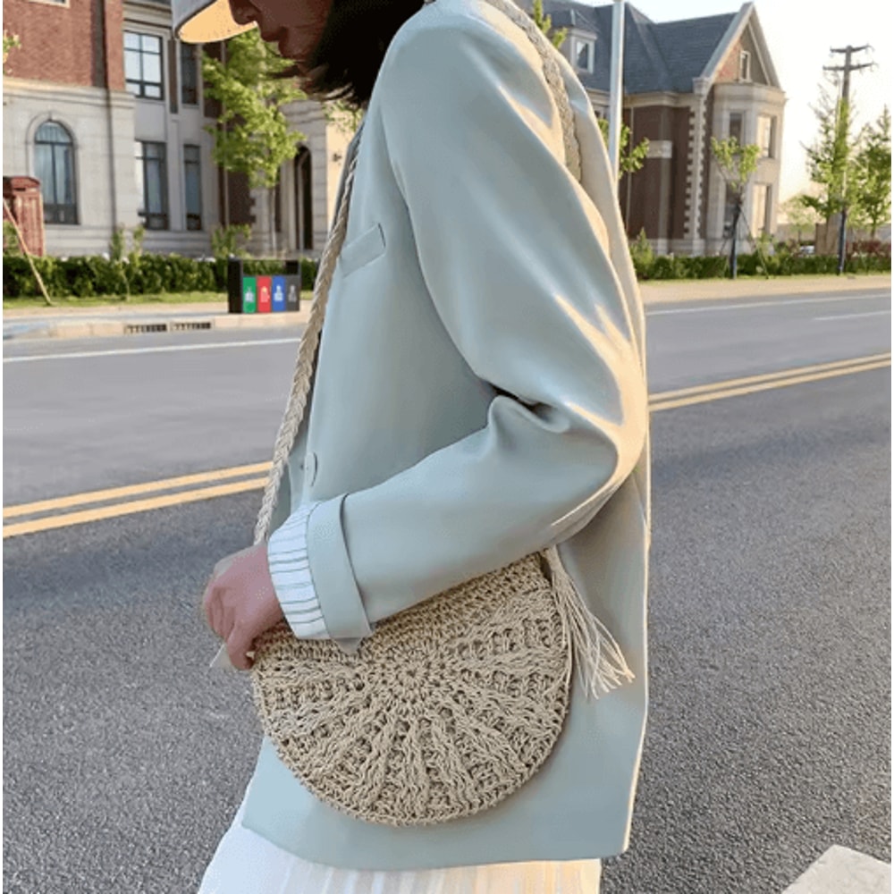 Solara HalfMoon Straw Crossbody Bag Handmade Summer Rattan Handbag 0