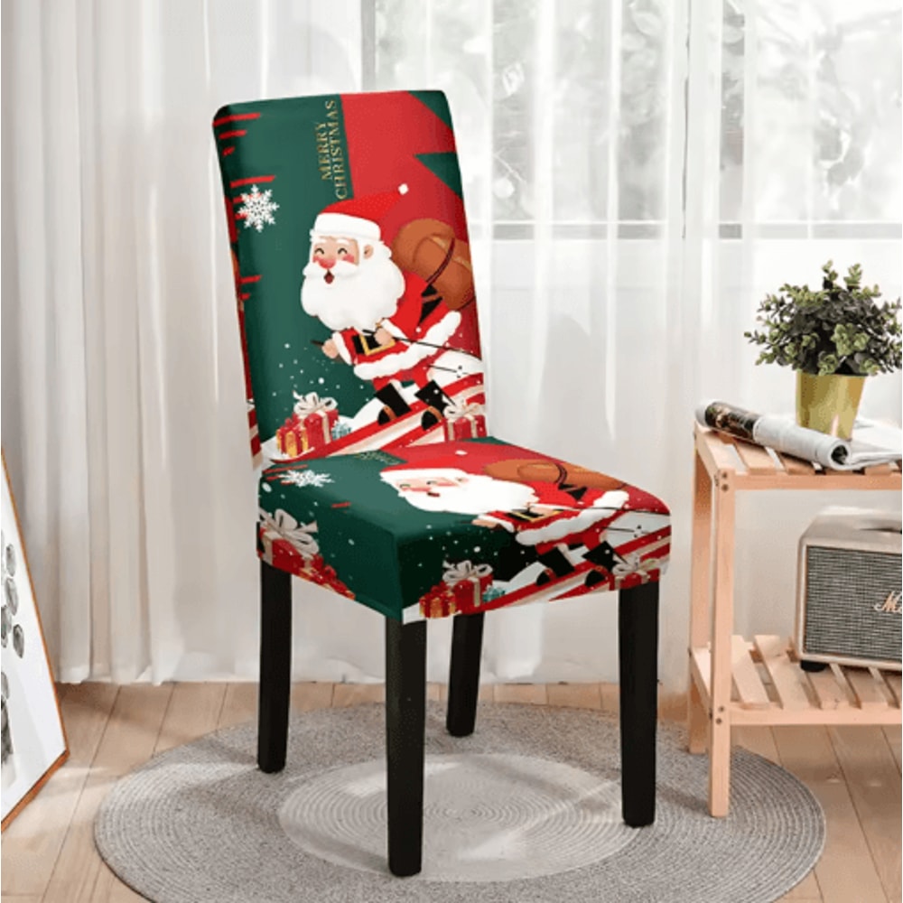 Christmas High Back Dining Chair Cover Set Festive Elastic Decoration 1