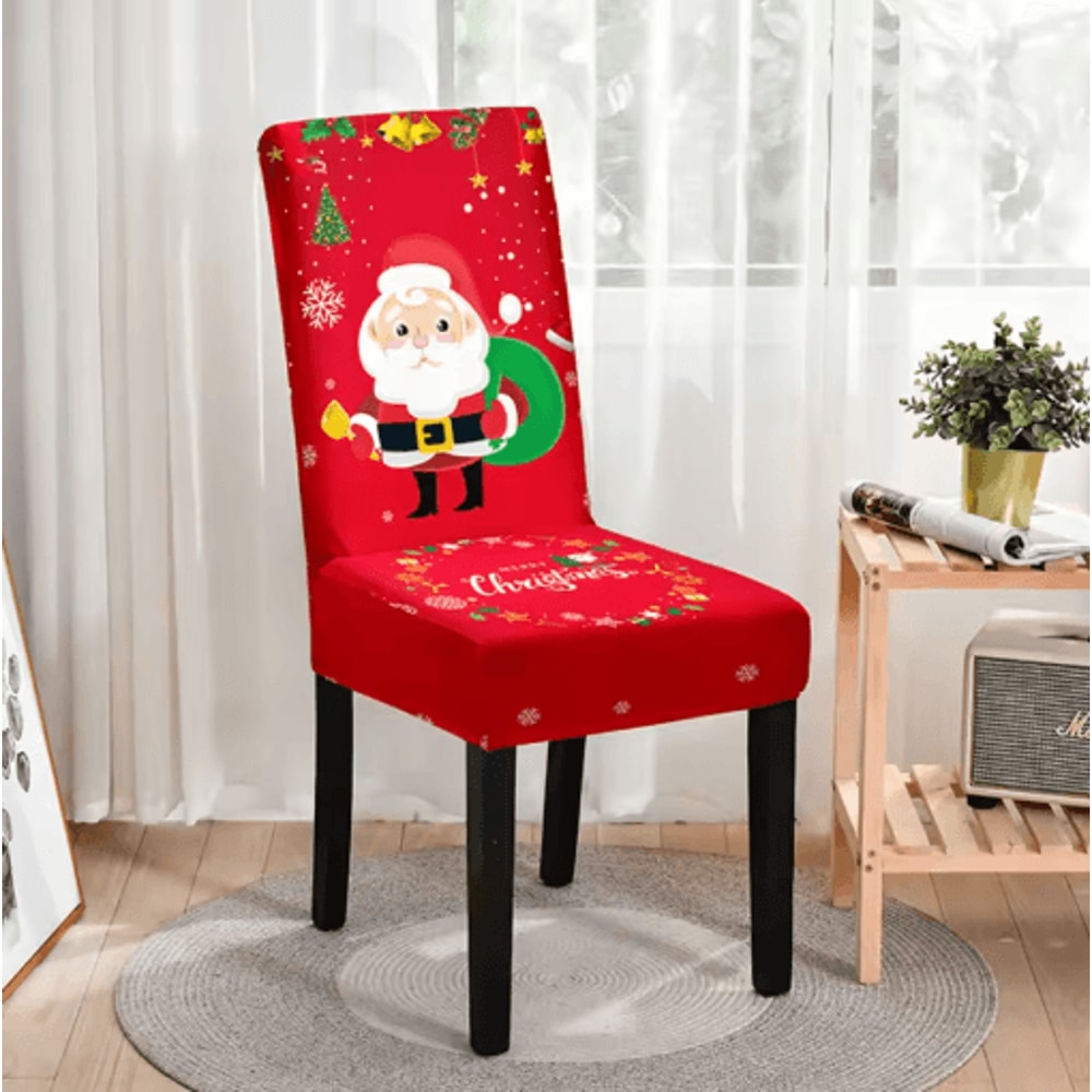Christmas High Back Dining Chair Cover Set Festive Elastic Decoration 2