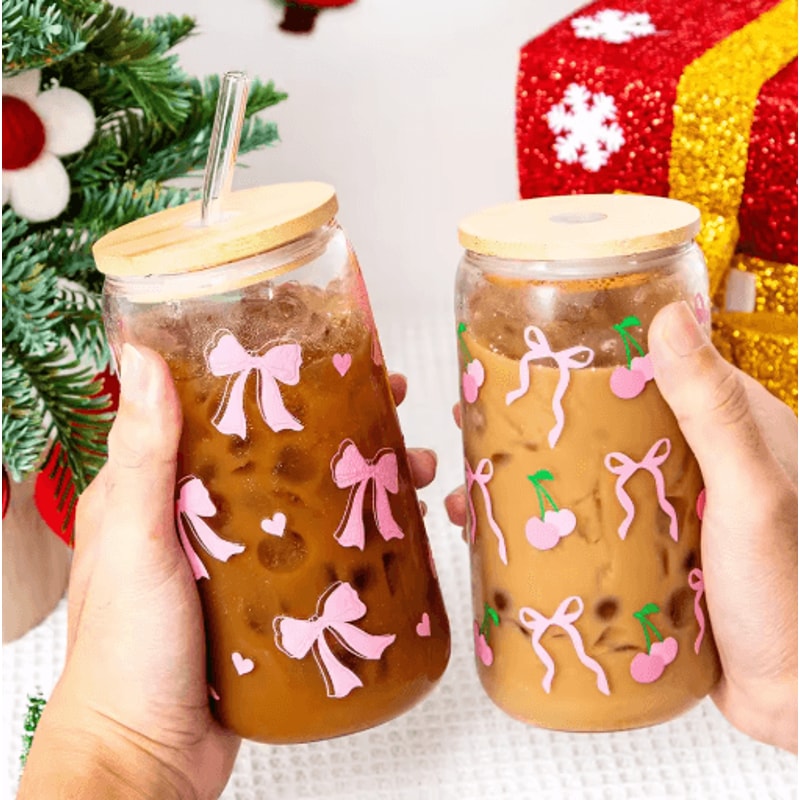 Cherry Bow Glass Tumbler With Straw 500 Ml Mason Jar Style Iced Coffee And Juice Cup 0