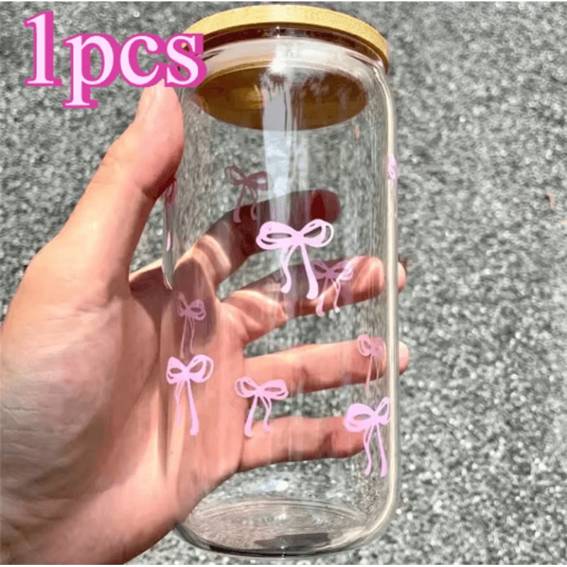 Cherry Bow Glass Tumbler With Straw 500 Ml Mason Jar Style Iced Coffee And Juice Cup 8