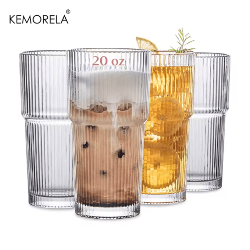 KEMORELA Ribbed Glass Tumbler Set 590 Ml Large Capacity Glasses For Iced Coffee Juice And Cocktails 2