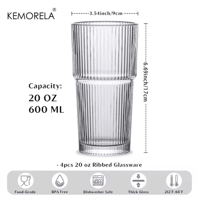 KEMORELA Ribbed Glass Tumbler Set 590 Ml Large Capacity Glasses For Iced Coffee Juice And Cocktails 3