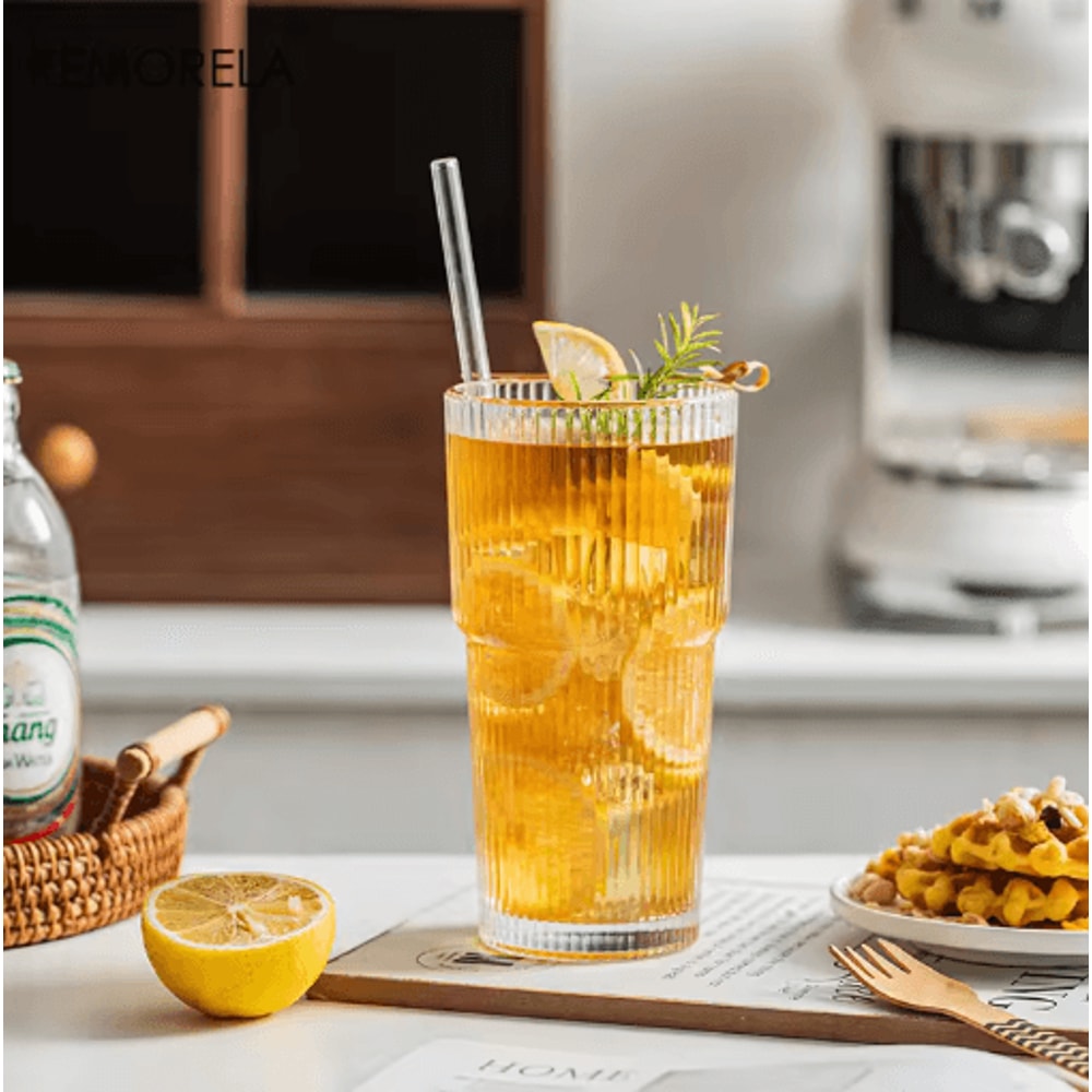 KEMORELA Ribbed Glass Tumbler Set 590 Ml Large Capacity Glasses For Iced Coffee Juice And Cocktails 5