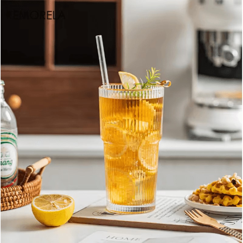 KEMORELA Ribbed Glass Tumbler Set 590 Ml Large Capacity Glasses For Iced Coffee Juice And Cocktails 5