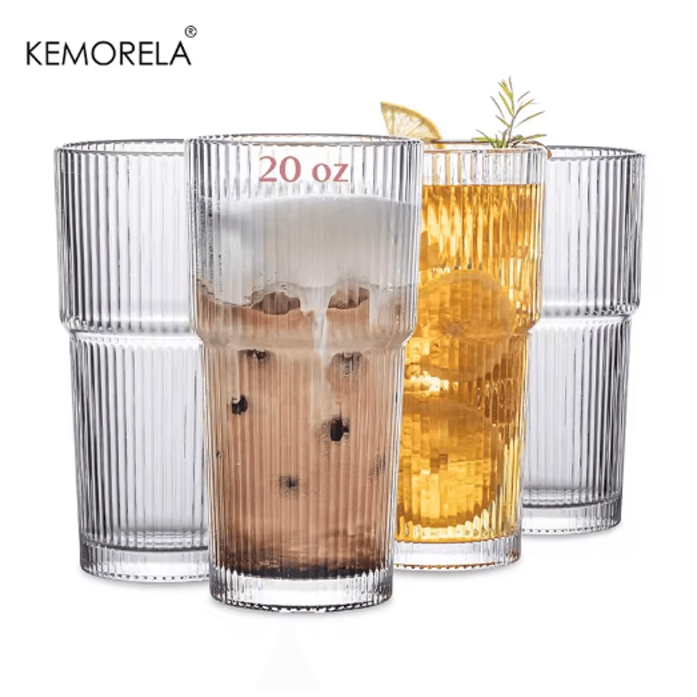 KEMORELA Ribbed Glass Tumbler Set 590 Ml Large Capacity Glasses For Iced Coffee Juice And Cocktails 0