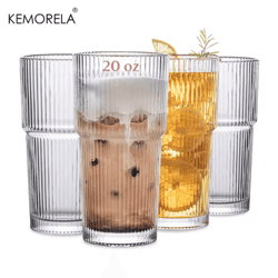 kemorela ribbed glass tumbler set 590 ml large capacity glasses for iced coffee juice and cocktails 2 to 4 pcs