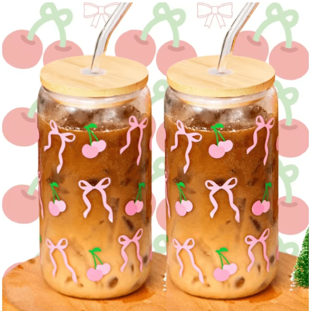 Cherry Bow Glass Tumbler With Straw 1