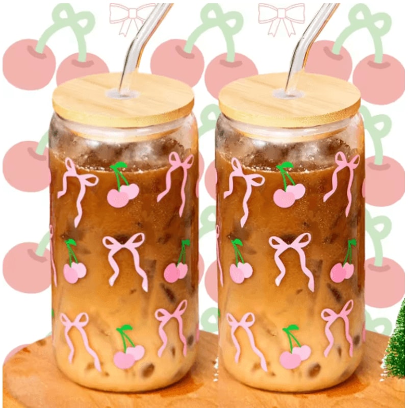 Cherry Bow Glass Tumbler With Straw 1