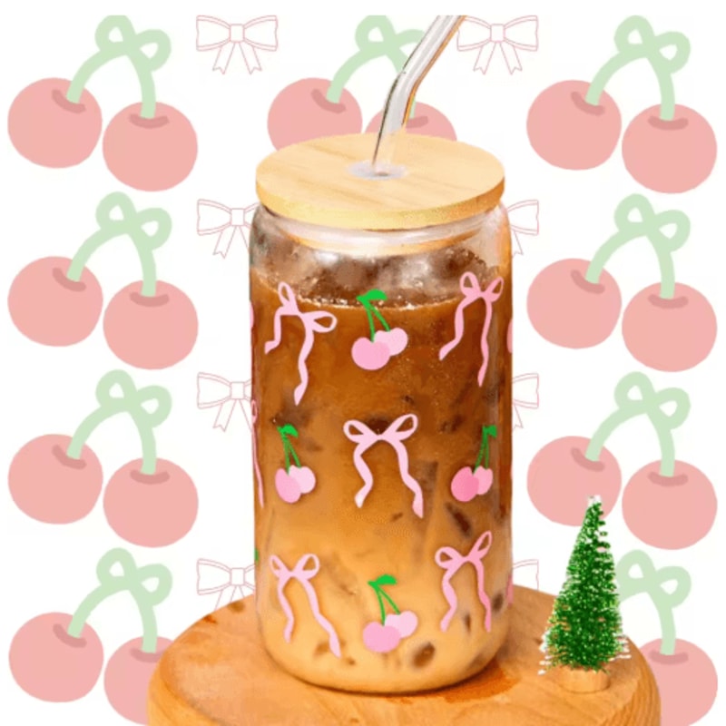 Cherry Bow Glass Tumbler With Straw 4