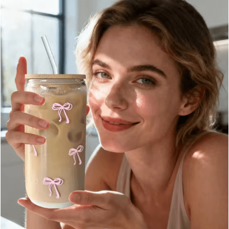 Bow Accent Glass Cup With Lid And Straw 500 Ml Aesthetic Iced Coffee And Matcha Tumbler 0