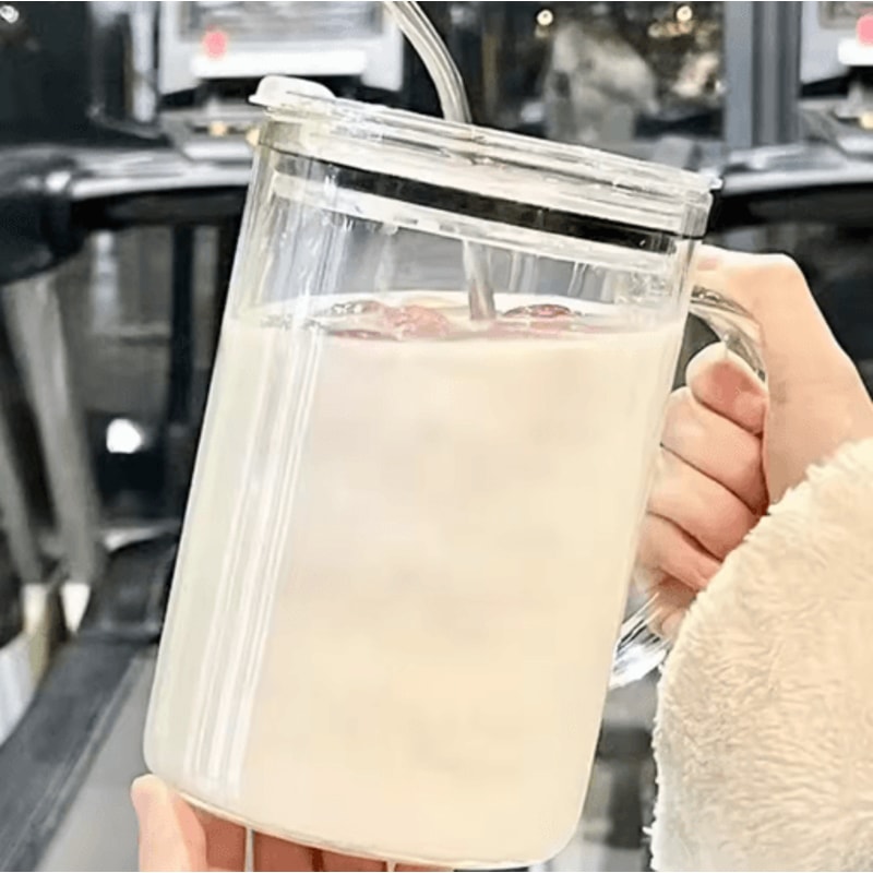 1000 Ml Large Glass Tumbler With Lid And Straw Transparent Coffee Juice And Milk Mug 5