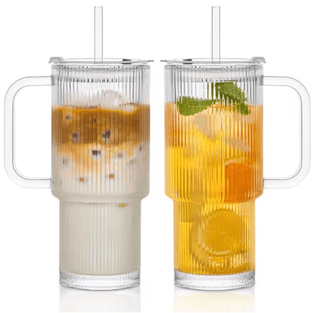 760 Ml Ribbed Glass Tumbler With Handle Lid Large Iced Coffee Mug With Straw 1 To 2 PCS 1