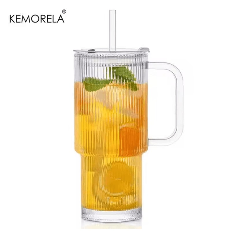 760 Ml Ribbed Glass Tumbler With Handle Lid Large Iced Coffee Mug With Straw 1 To 2 PCS 2