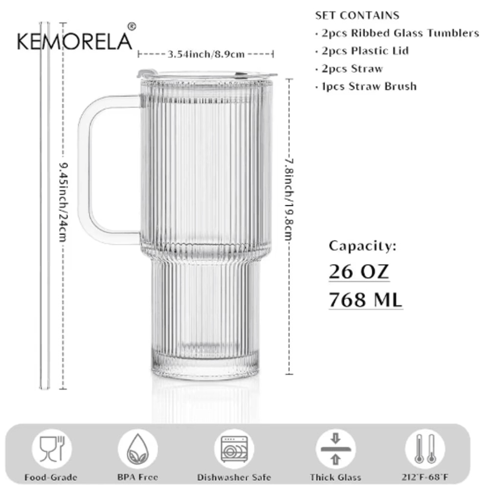 760 Ml Ribbed Glass Tumbler With Handle Lid Large Iced Coffee Mug With Straw 1 To 2 PCS 3