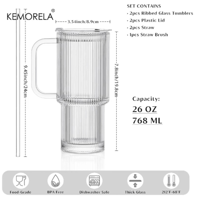 760 Ml Ribbed Glass Tumbler With Handle Lid Large Iced Coffee Mug With Straw 1 To 2 PCS 3
