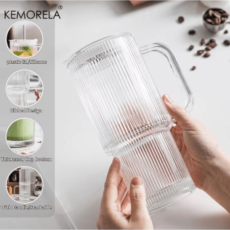 760 Ml Ribbed Glass Tumbler With Handle Lid Large Iced Coffee Mug With Straw 1 To 2 PCS 4