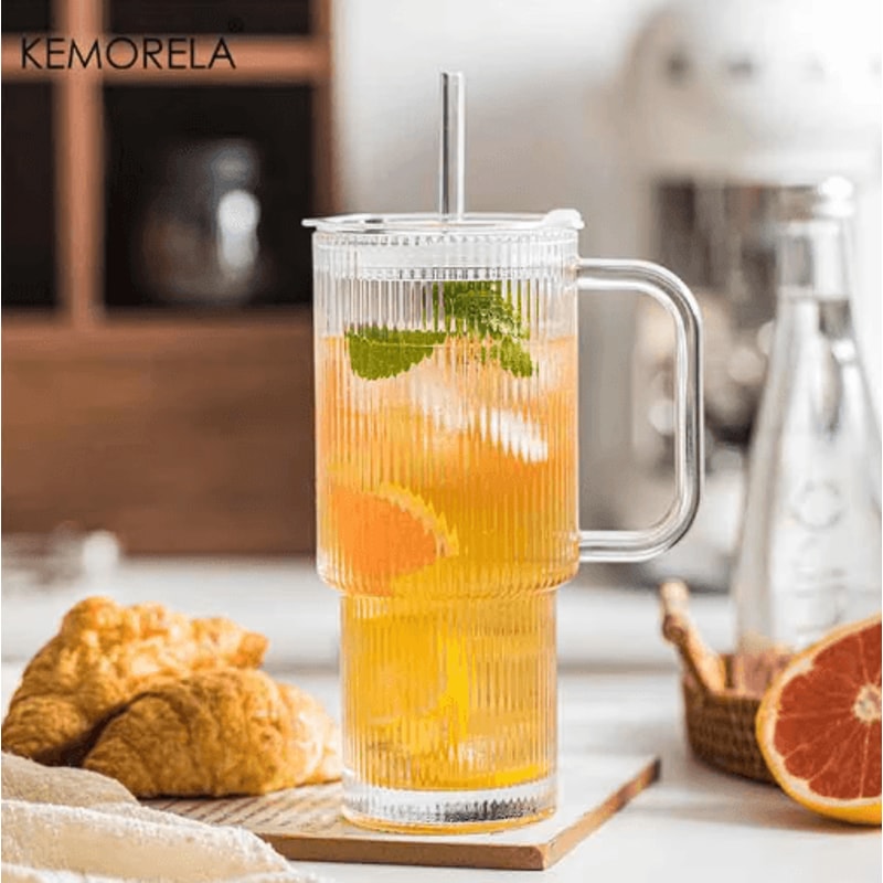 760 Ml Ribbed Glass Tumbler With Handle Lid Large Iced Coffee Mug With Straw 1 To 2 PCS 6