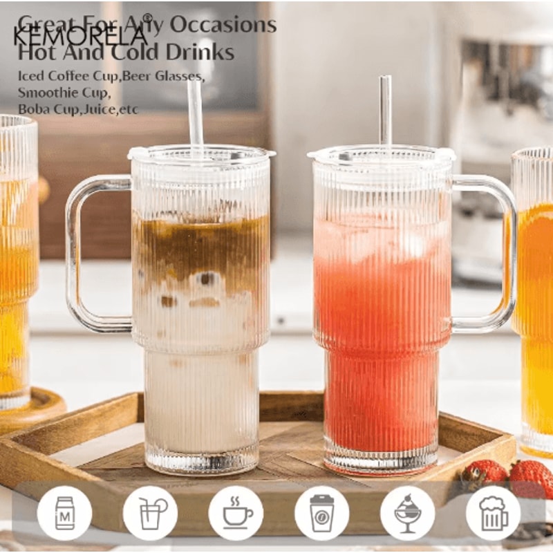 760 Ml Ribbed Glass Tumbler With Handle Lid Large Iced Coffee Mug With Straw 1 To 2 PCS 0