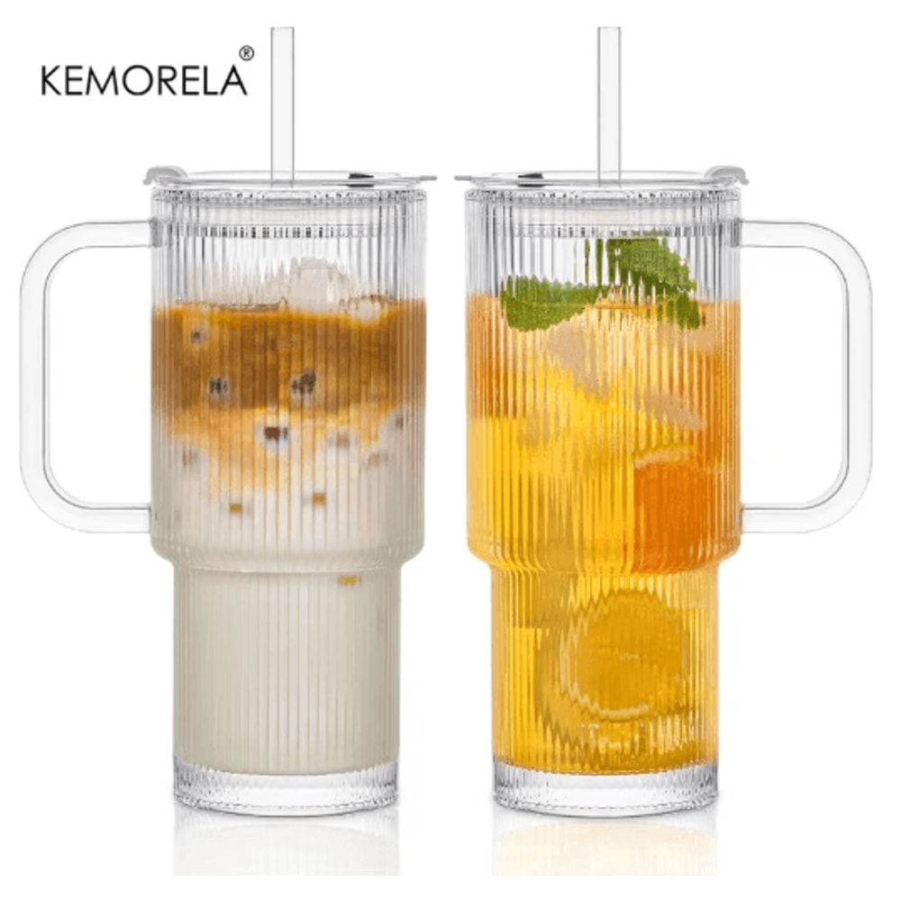 760 Ml Ribbed Glass Tumbler With Handle Lid Large Iced Coffee Mug With Straw 1 To 2 PCS 7