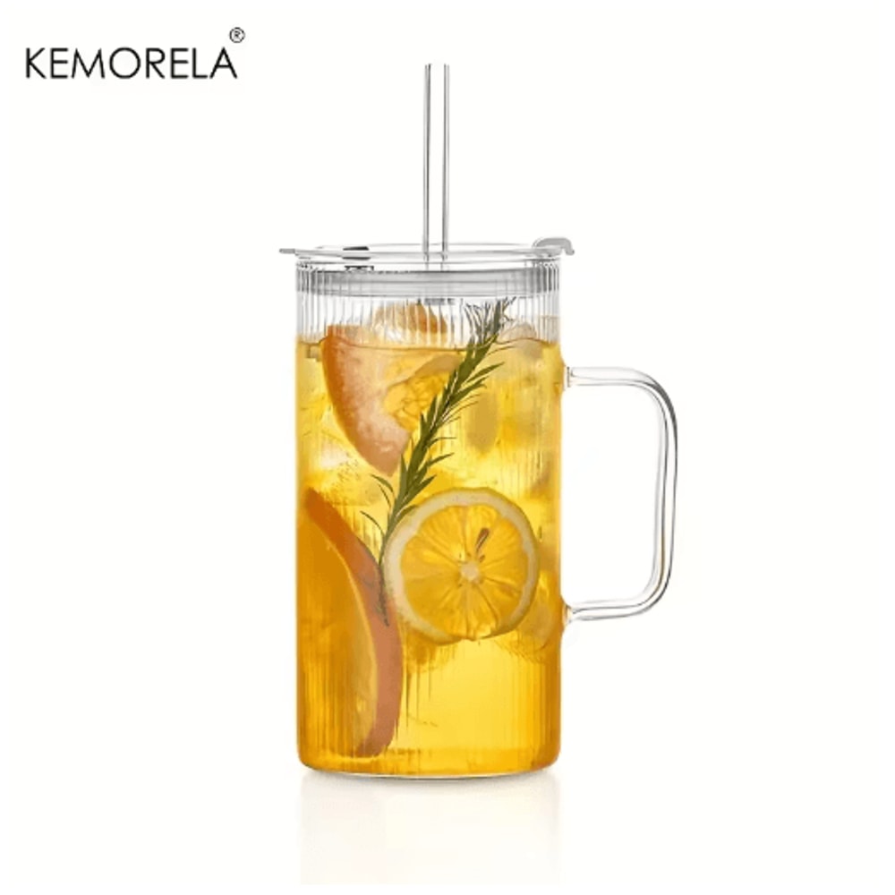 KEMORELA Ribbed Glass Tumbler With Handle And Lid 740 Ml Large Iced Coffee Cup 1 To 2 PCS 2