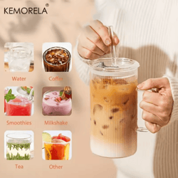 kemorela ribbed glass tumbler with handle and lid 740 ml large iced coffee cup 1 to 2 pcs