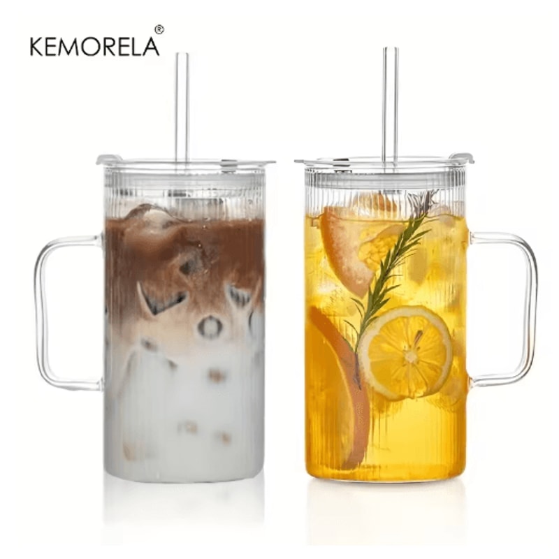 KEMORELA Ribbed Glass Tumbler With Handle And Lid 740 Ml Large Iced Coffee Cup 1 To 2 PCS 7