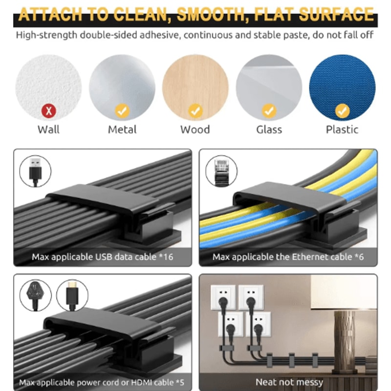 Self Adhesive Wire Organizer Cable Holder Clips For Desktop And PC Setup 16