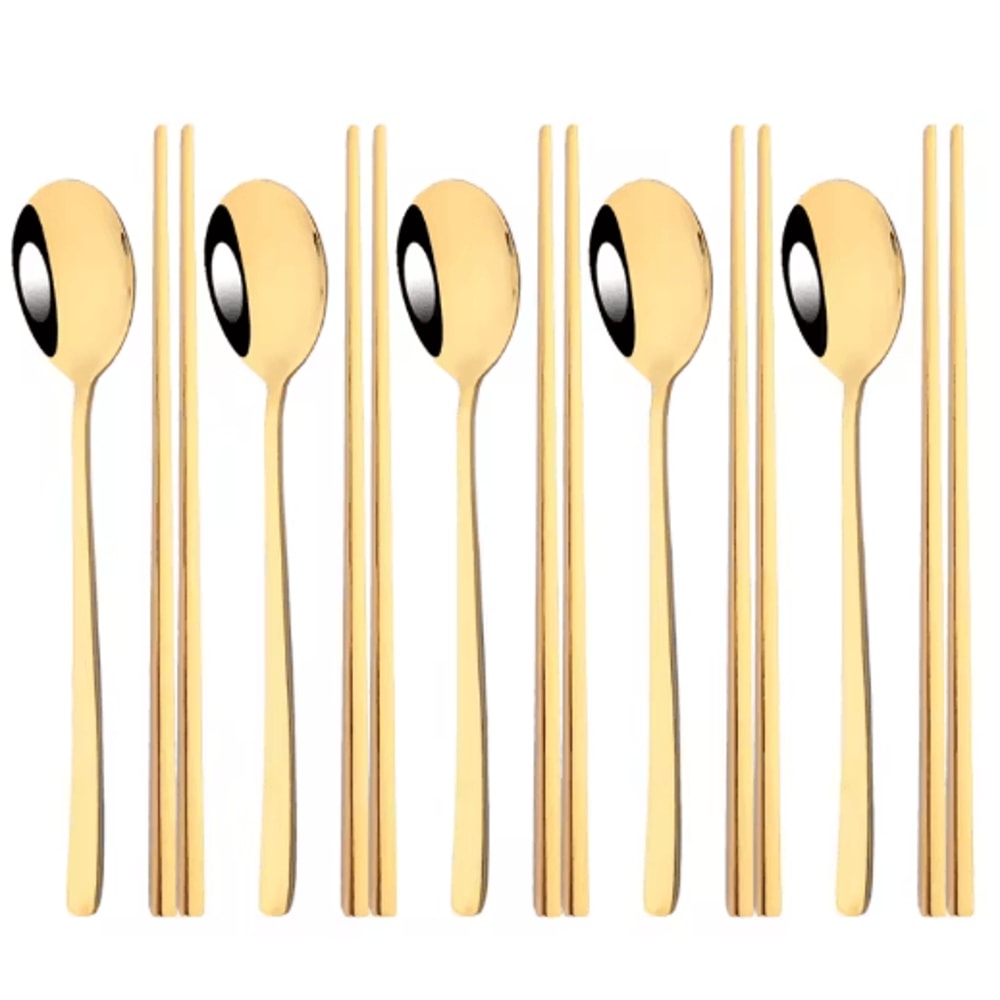 304 Stainless Steel Korean Chopsticks Spoon Cutlery Set 10PCS 10