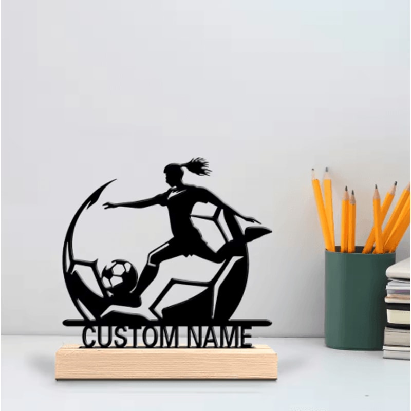 Personalized Womens Soccer Metal Statue With Wooden Base 5