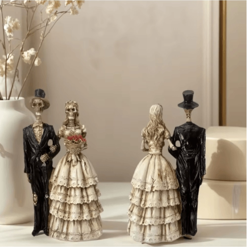 Halloween Skeleton Couple Statue In Vintage Wedding Dress Style 4