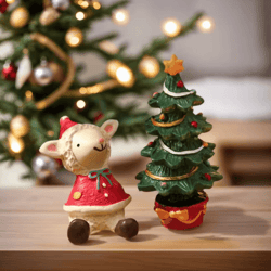 cute christmas lamb & tree resin decor set for festive homes