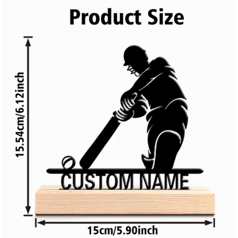 Personalized Cricket Player Metal Art Statue With Wooden Base Custom Sports Gift Decor 1
