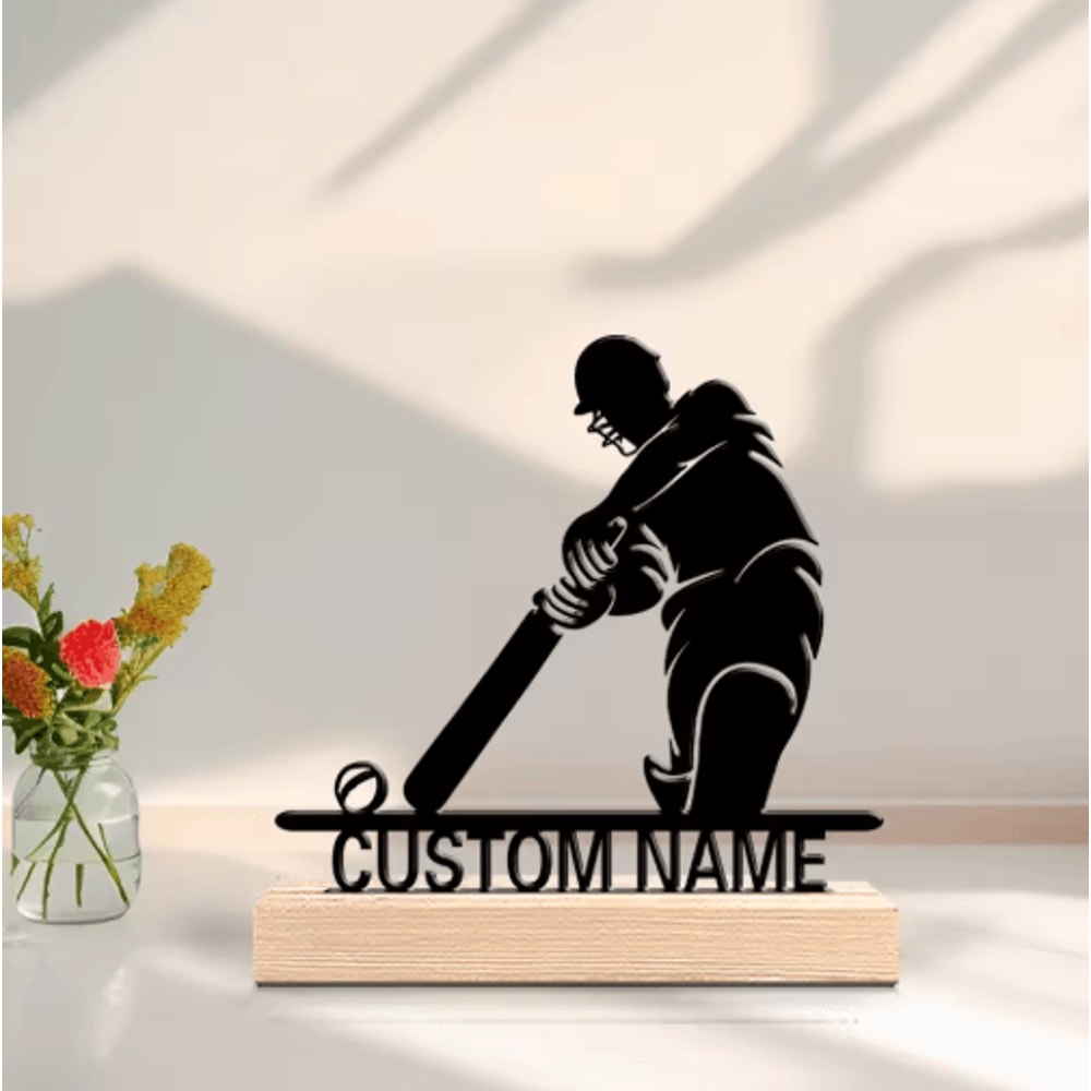 Personalized Cricket Player Metal Art Statue With Wooden Base Custom Sports Gift Decor 0
