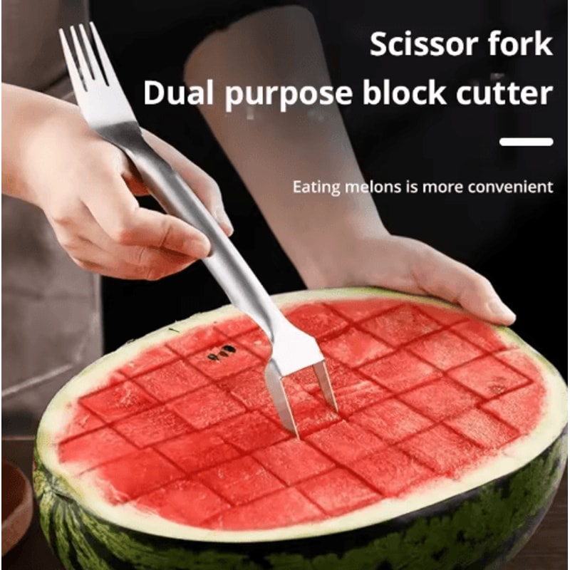 2in1 Stainless Steel Watermelon Slicer Fork Portable Fruit Cutter Serving Tool 0