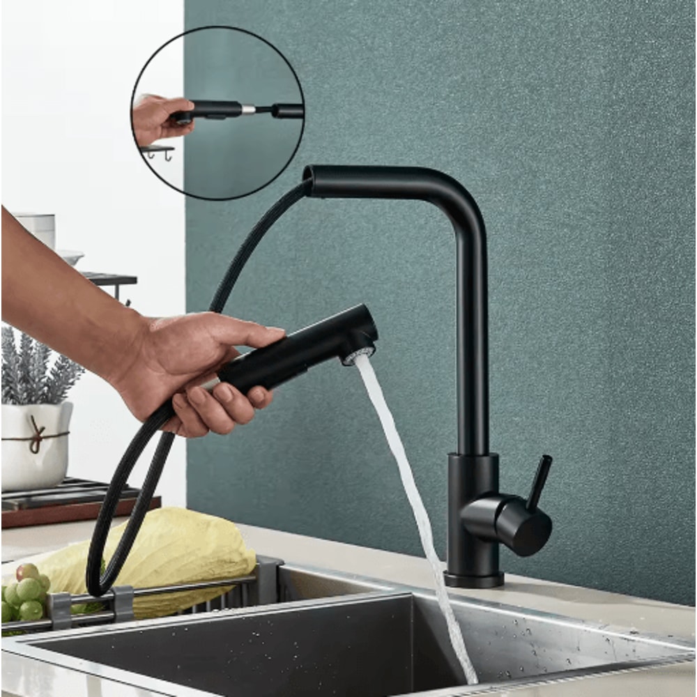 Black Pull Out Kitchen Faucet With Dual Mode Stream Sprayer 6