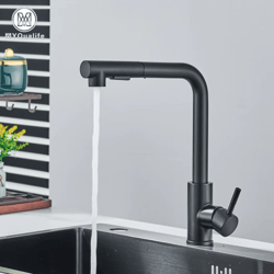 black pull out kitchen faucet with dual mode stream sprayer