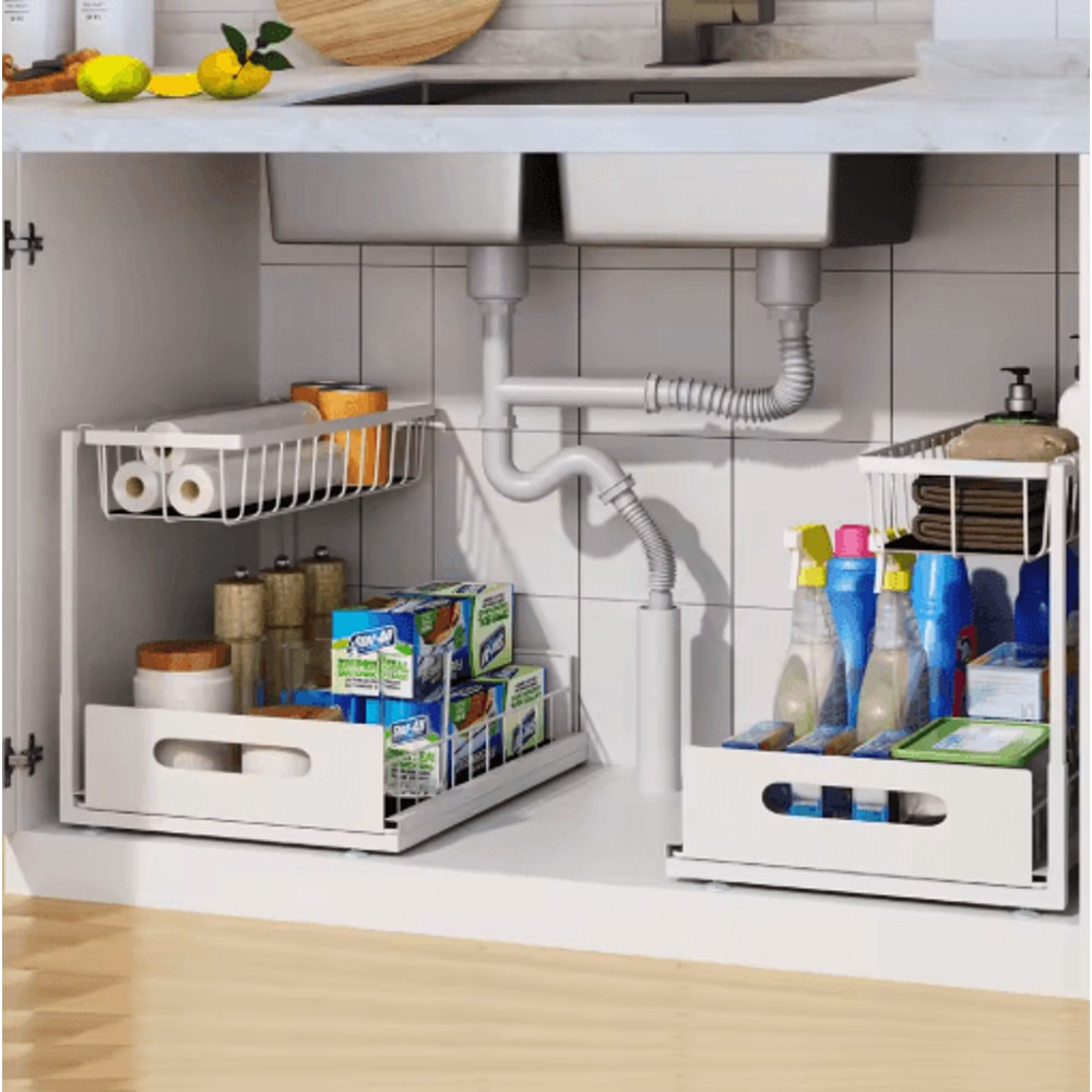 2 Tier Under Sink Organizer With Sliding Pull Out Cabinet Drawers 2