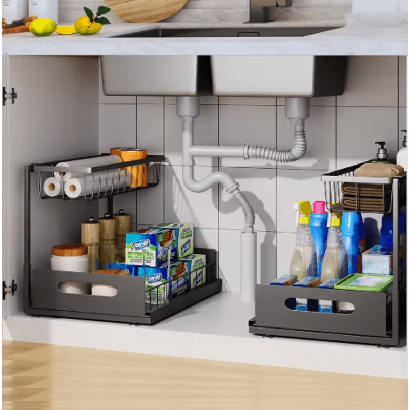 2 Tier Under Sink Organizer With Sliding Pull Out Cabinet Drawers 7