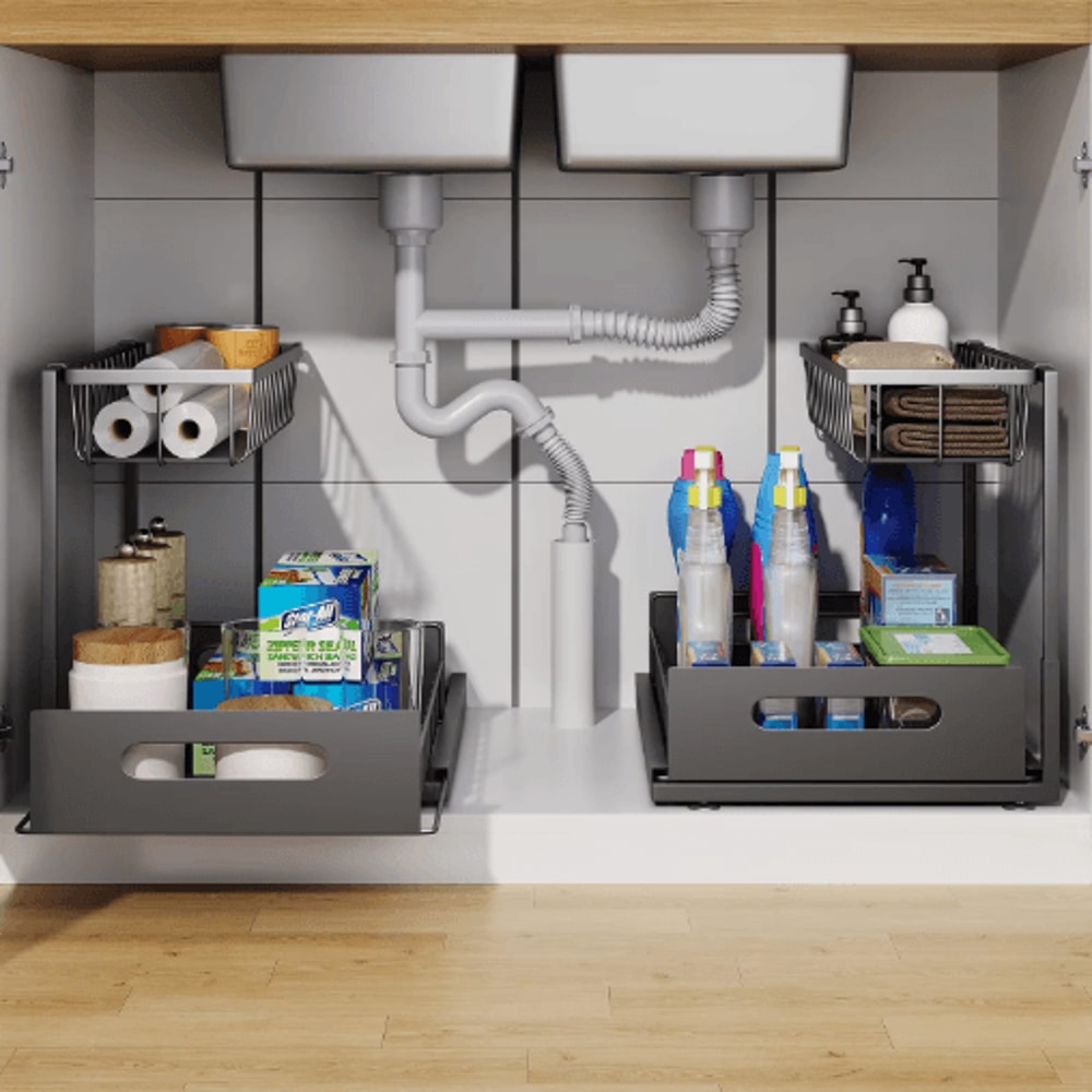 2 Tier Under Sink Organizer With Sliding Pull Out Cabinet Drawers 8