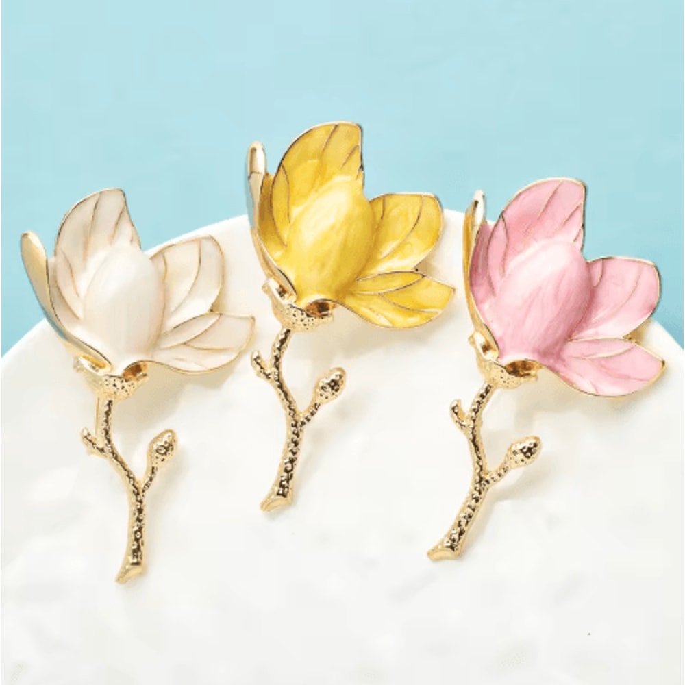 Wulibaby Enamel Magnolia Flower Brooch Elegant Floral Lapel Pin For Women And Unisex Wear 4