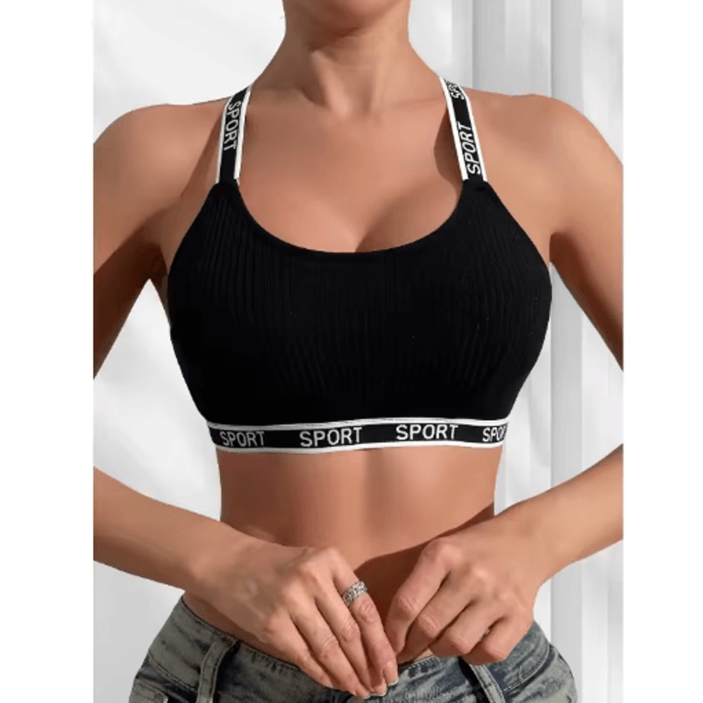 Ribbed Letter Print Sports Bralette Breathable Camisole Style Womens Athletic Lingerie 1